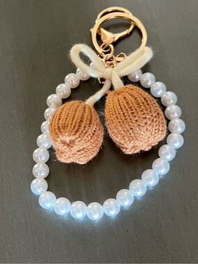 Light Brown Tulip Flower Floral Crochet White Pearl Chain Gold 4.5” Bag Charm